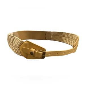 Vince Camuto Woven Stretch Belt Tan Beige Leather Trim M/L